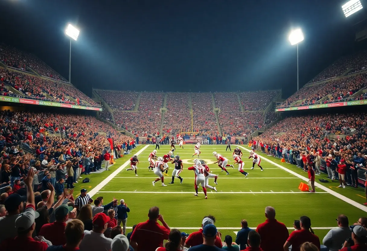 Texas A&M Aggies and Notre Dame Fighting Irish compete in a college football game.