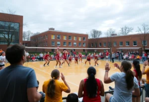 Texas A&M Volleyball team celebrating their victory in the season opener against LIU