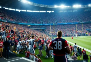 A vibrant scene from the Texas A&M vs Notre Dame football game showing intense atmosphere