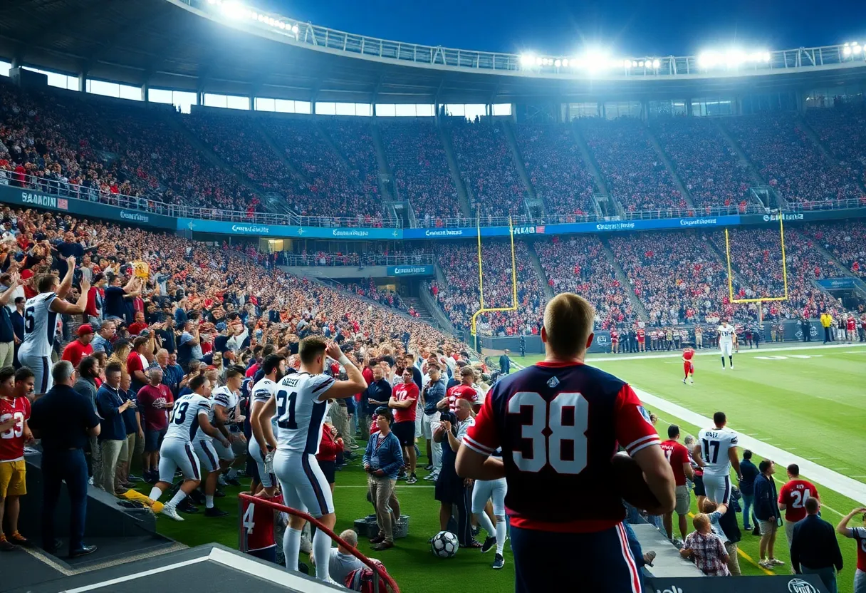 A vibrant scene from the Texas A&M vs Notre Dame football game showing intense atmosphere