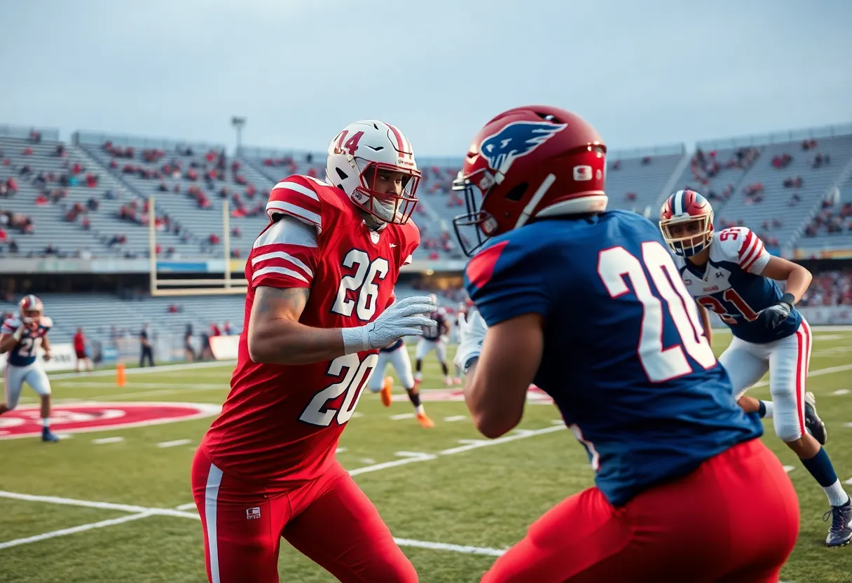 Football players from Texas A&M and Notre Dame competing on the field.
