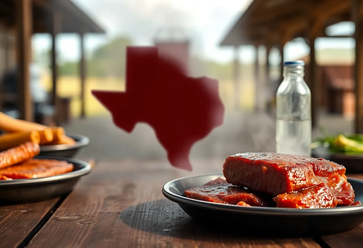 A comparison of Texas BBQ and lab-grown meat in a vibrant Texas landscape.