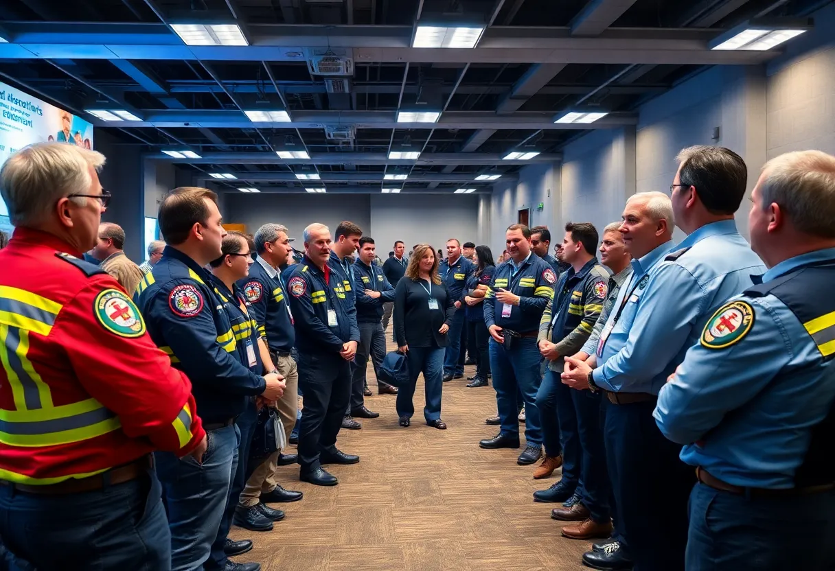 Emergency services leaders discussing rural healthcare solutions at a conference