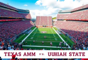 Football players warming up for the Texas A&M vs Utah State game