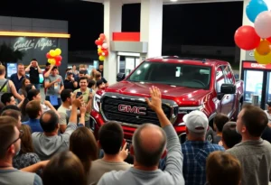 Crowd celebrating at TXB gas station giveaway event with a GMC truck