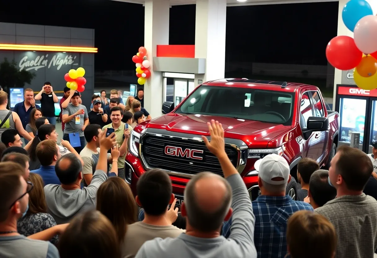 Crowd celebrating at TXB gas station giveaway event with a GMC truck