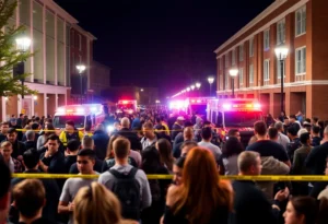 Crowd of university students reacting to a shooting incident.
