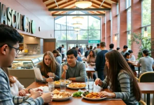 Students enjoying their meals at the University of North Texas dining area.