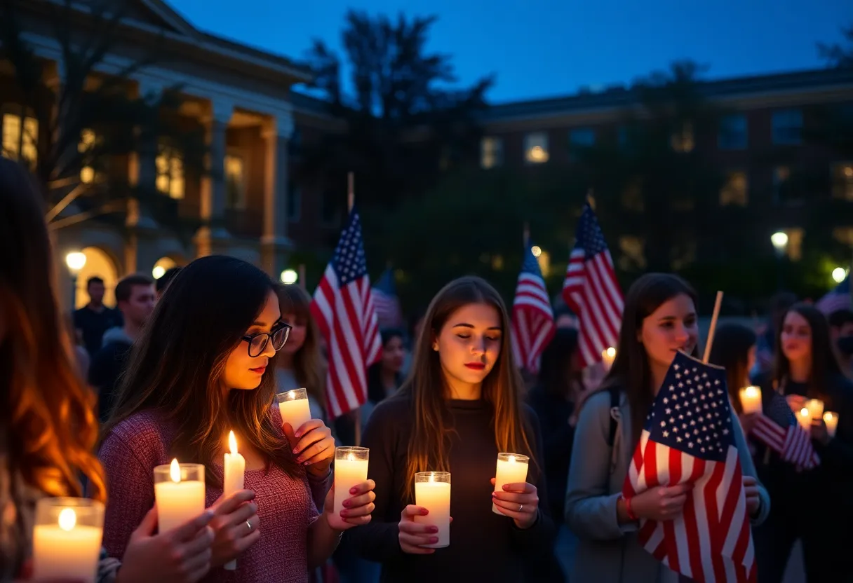 Students holding candles at a vigil for Charlie Kirk