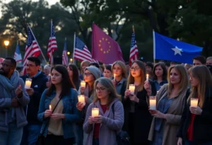Students holding candles during the vigil for Charlie Kirk at Texas A&M University