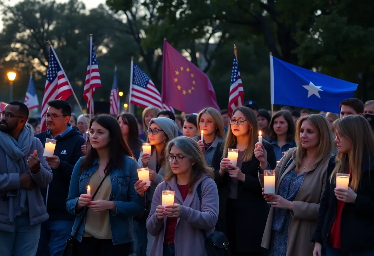 Students holding candles during the vigil for Charlie Kirk at Texas A&M University