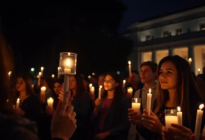Community members holding candles at a vigil