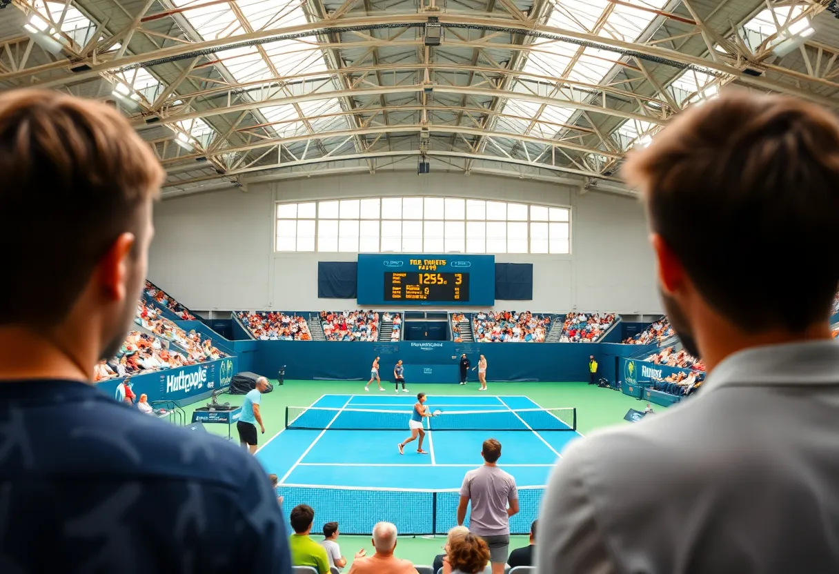 Players competing at Wimbledon with electronic scoreboard visible