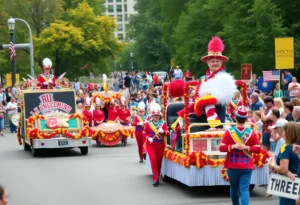 Crowd cheering at the West Texas A&M Homecoming Parade with colorful floats