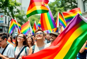 A lively LGBTQ+ pride parade with colorful flags and a diverse group of participants celebrating