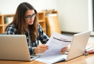 A college student reviewing car insurance options at a desk.