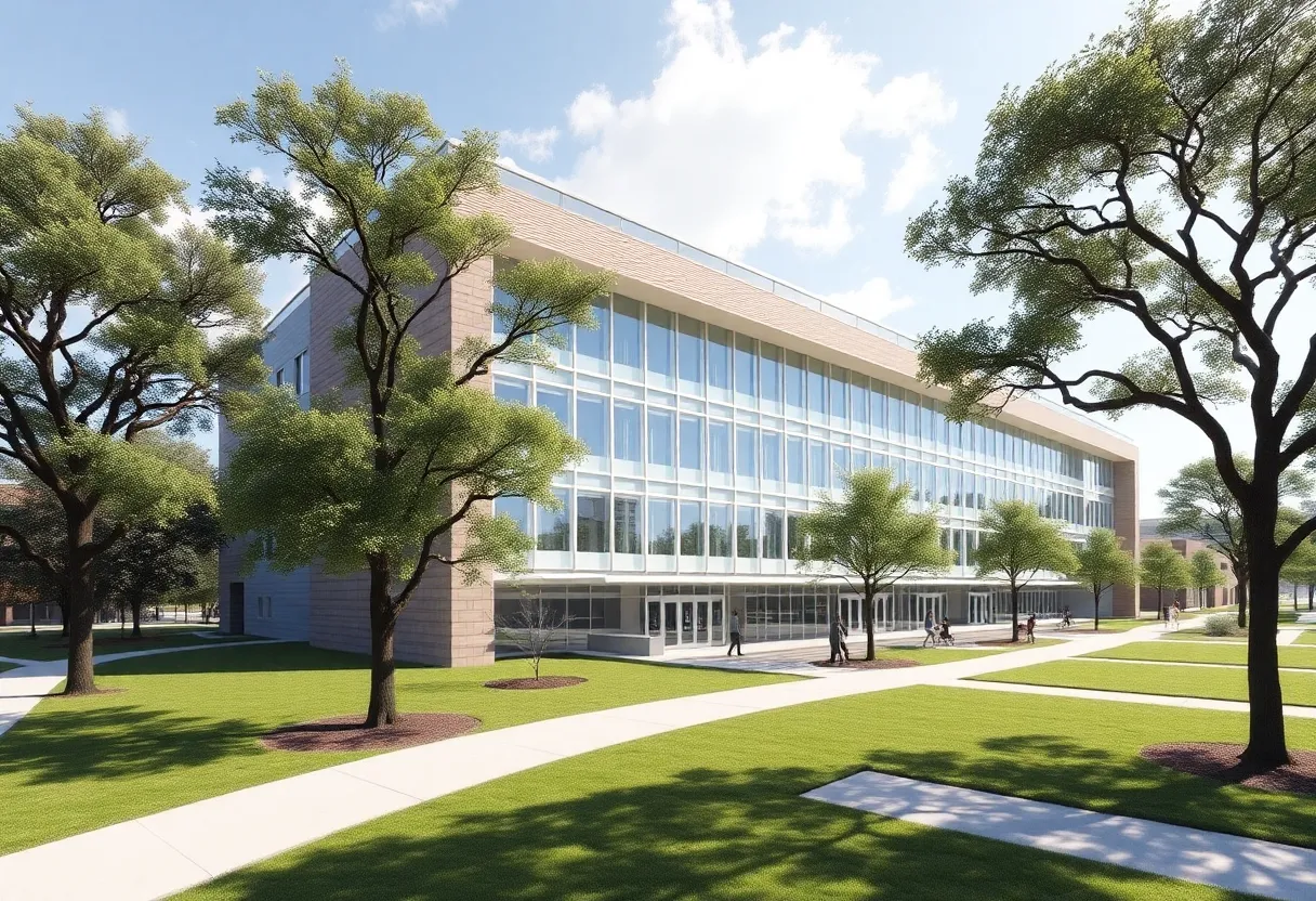 Architectural design of the Aplin Center building at Texas A&M University.