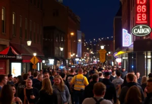 Crowd scene in Brazos County nightlife area with police presence