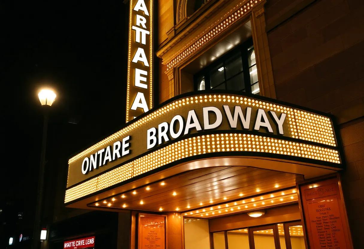 An illuminated Broadway theatre marquee at night