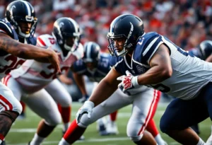 Defensive lineman in action during a football game