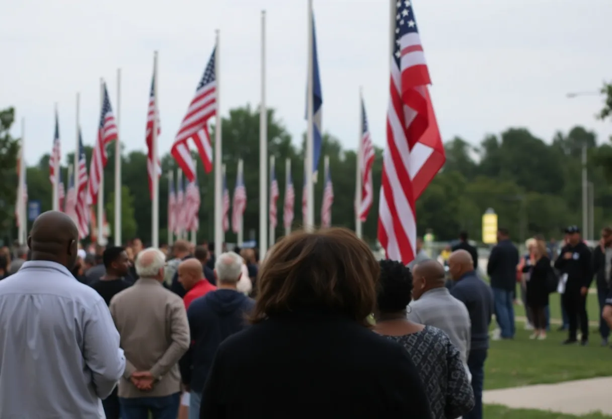 Community gathering at memorial for Charlie Kirk with flags at half-mast.