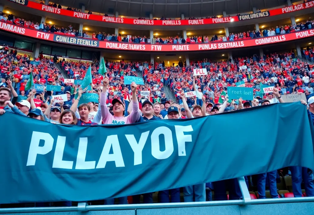 Enthusiastic college football fans in a stadium.