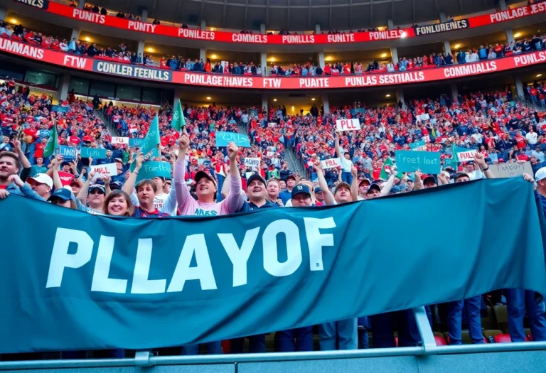 Enthusiastic college football fans in a stadium.