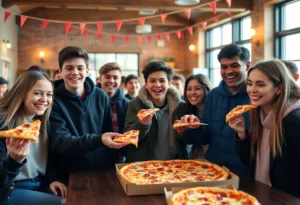 Students celebrating academic achievements at Crust Pizza