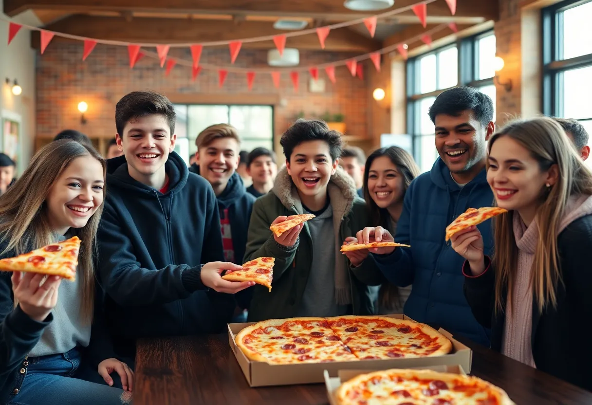 Students celebrating academic achievements at Crust Pizza
