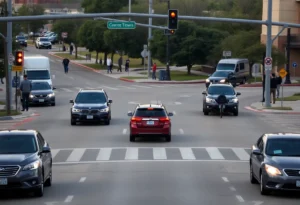 Intersection on Texas Avenue showing traffic and pedestrians in College Station