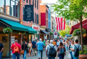 Downtown College Station with new businesses and shoppers.