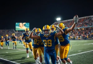 College Station Cougars team celebrating a touchdown during a game.