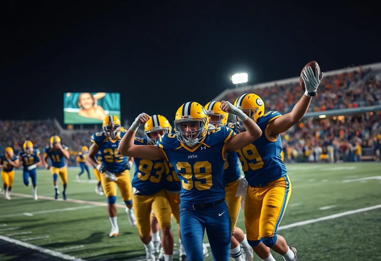 College Station Cougars team celebrating a touchdown during a game.