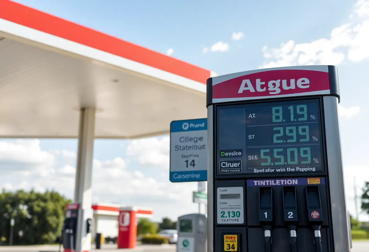 Gas station showing prices in College Station, TX