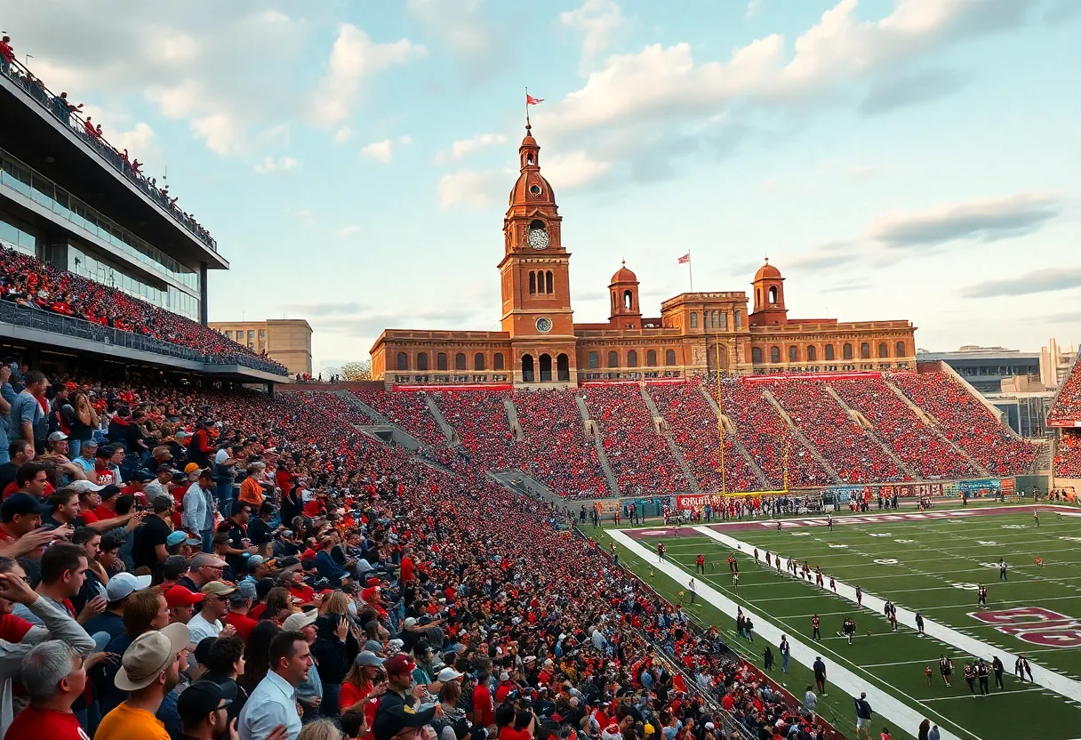 A lively football game atmosphere with fans at Kyle Field in College Station, Texas, alongside historic architecture.