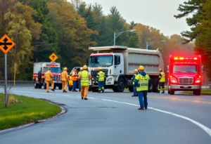 A dump truck accident scene with emergency responders