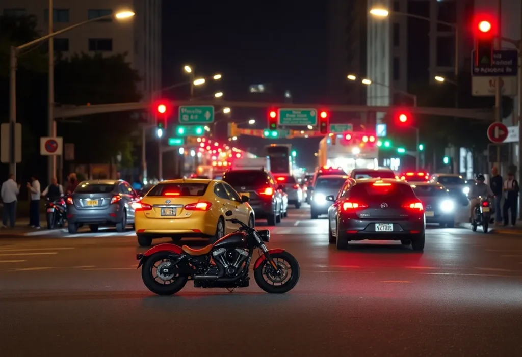 Scene of a motorcycle crash in College Station with emergency response vehicles.