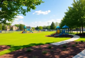 Park upgrades with playground, landscaping, and baseball field.