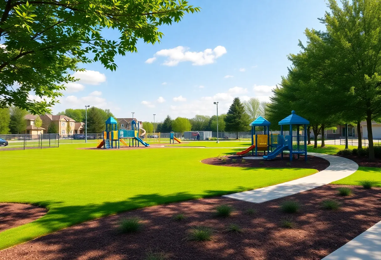 Park upgrades with playground, landscaping, and baseball field.