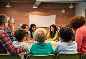 Parents discussing child safety in a community meeting setting.