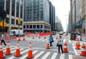 Construction site in College Station with traffic cones and construction vehicles