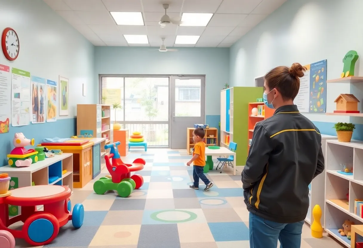 A safe and inviting daycare environment with toys and children's play areas.