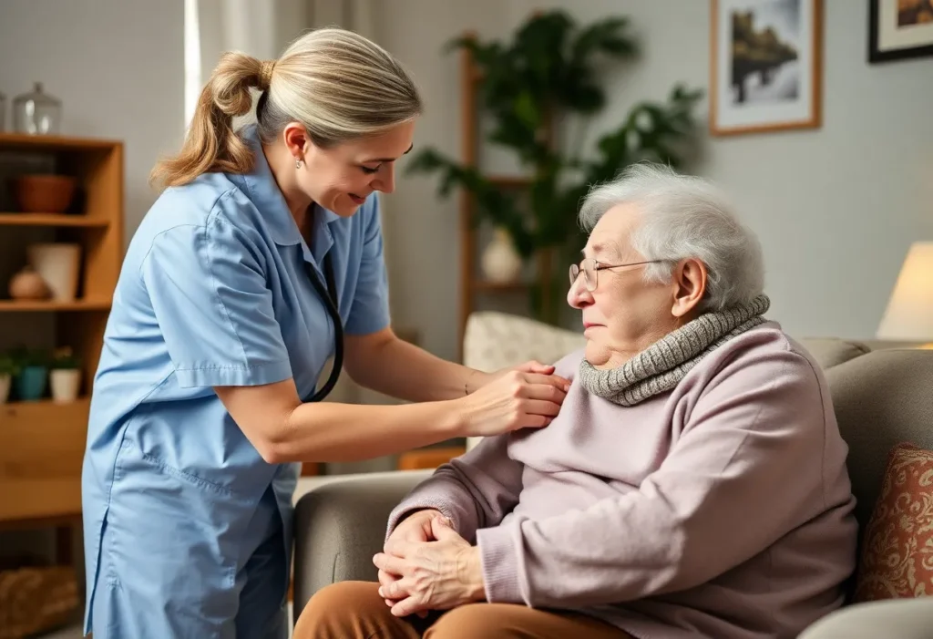 Caregiver assisting elderly person at home