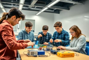 Students working on electrical engineering projects in a classroom.