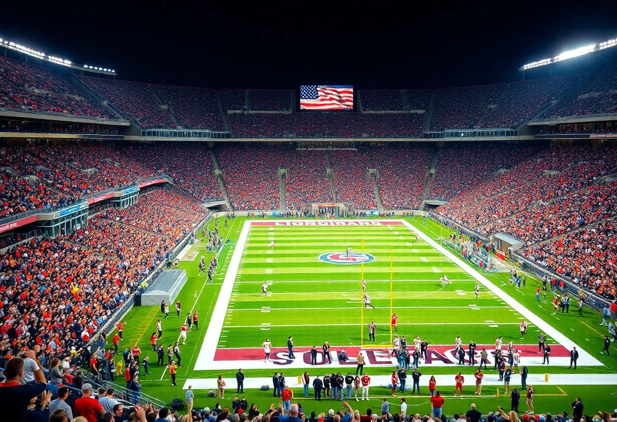 A college football game atmosphere with fans and players in action between Florida Gators and Texas A&M Aggies.
