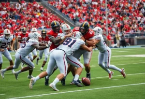 Players from Florida Gators and Texas A&M Aggies competing during a football game.