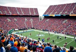 Florida Gators and Texas A&M Aggies football teams preparing for a game in a packed stadium.