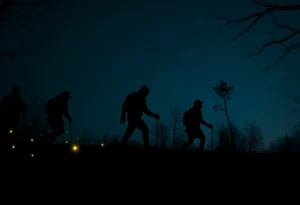 A group of people hiking in the dark at Lick Creek Park, looking at cryptid silhouettes.