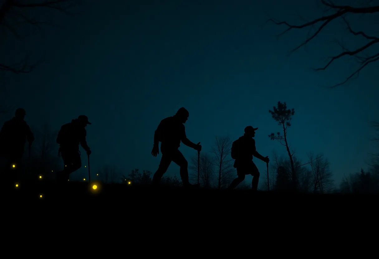 A group of people hiking in the dark at Lick Creek Park, looking at cryptid silhouettes.
