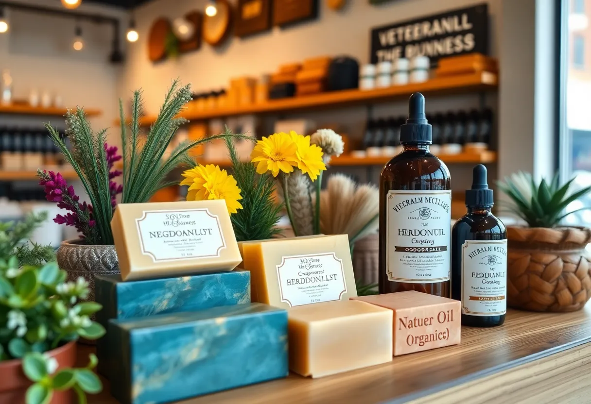 Display of KLĒNR's organic products including soaps and deodorants